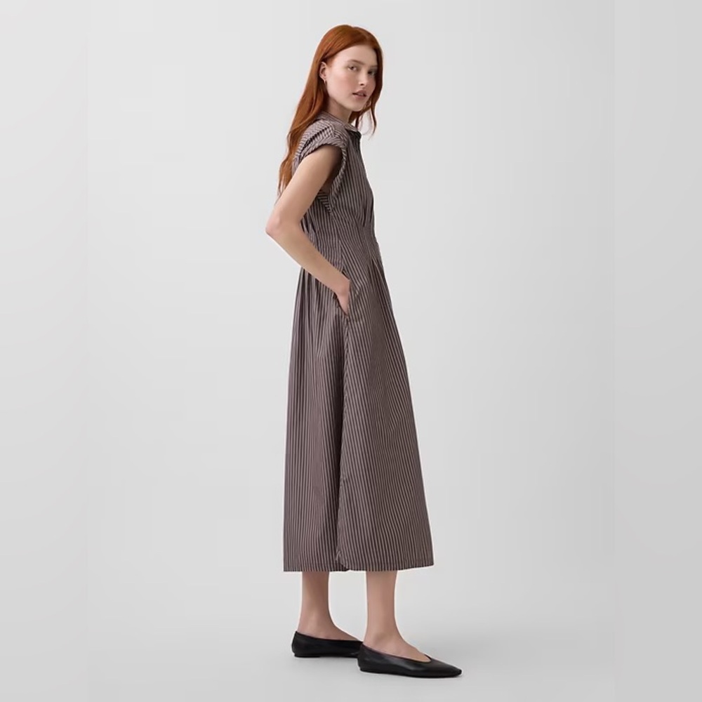 Gap Poplin Cinched Midi Shirtdress - Brown Stripe - Size M Tall - Picture 4 of 6